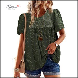 Crochet Lace Hem Crewneck Short Sleeve Chiffon Blouse